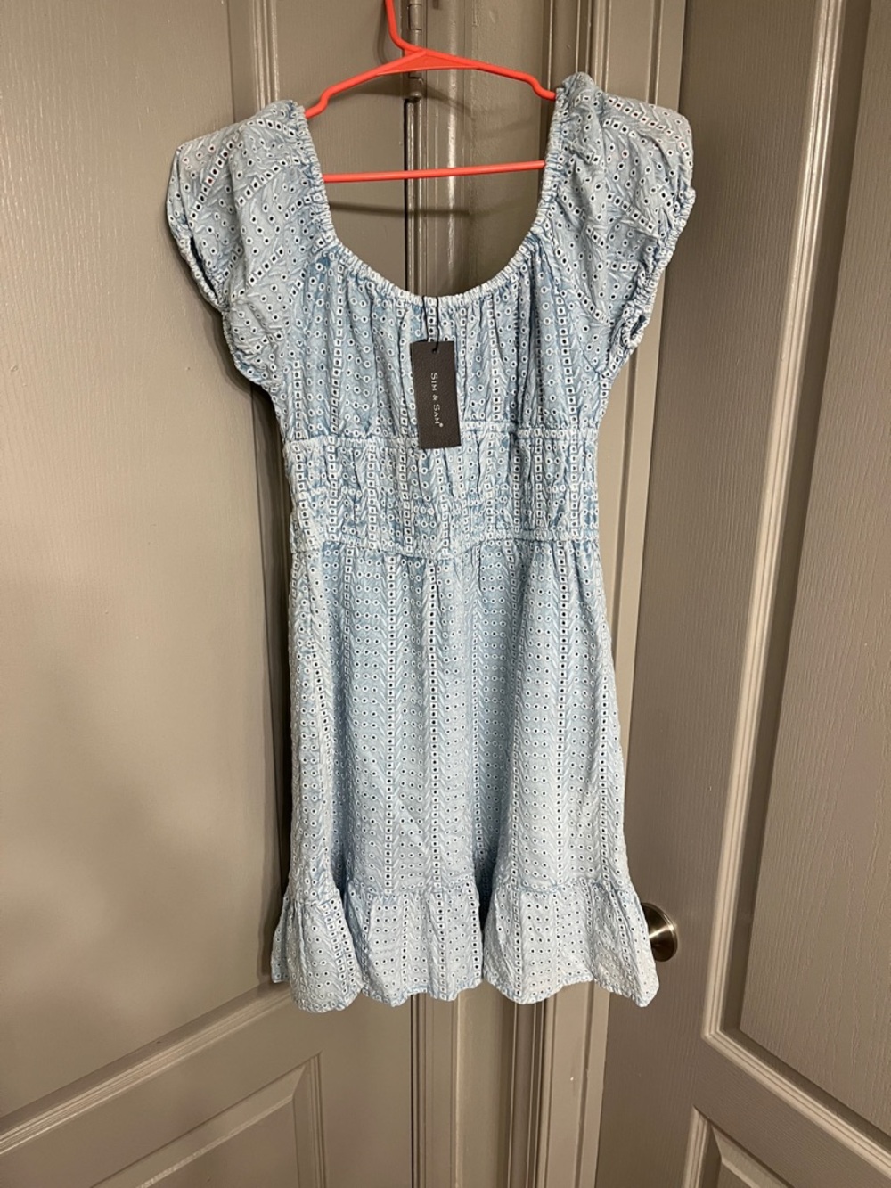 Light Blue Eyelet Smocked Mini Dress with Puff Sleeves